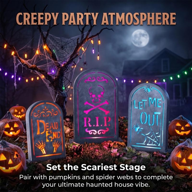 Halloween Cemetery Accent With Light Effect, PVC Grave Marker Piece for Porch Window Table Party Home Scene Display