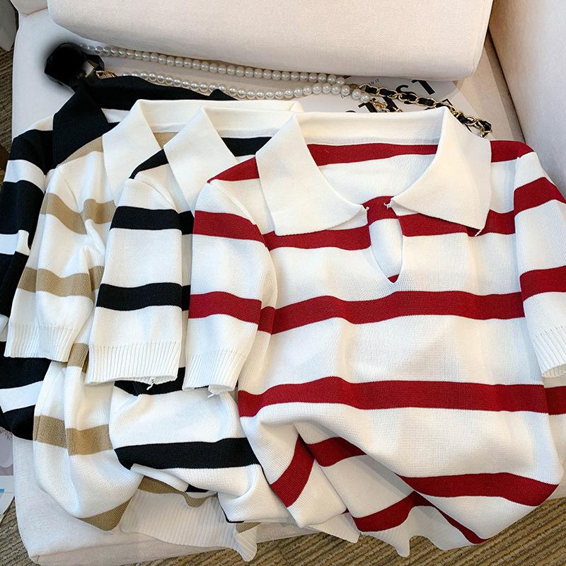 Striped Pattern Collared Sweater Versatile Short Sleeve Knitted Top for Spring Summer Women's Clothing Crop Top