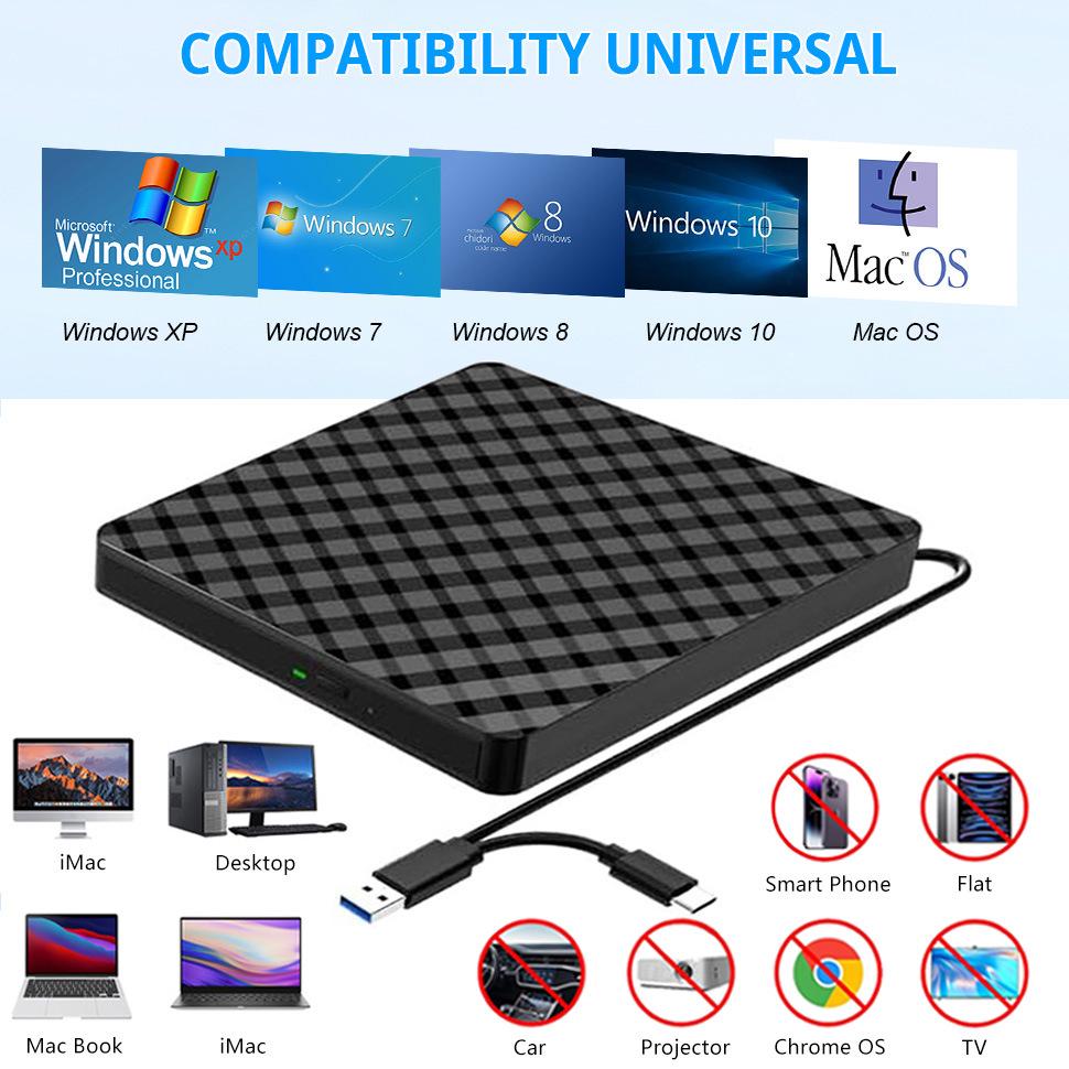 Externá DVD napaľovačka s dvoma USB portami: Optická jednotka pre stolný počítač, notebook a mobilné zariadenie.