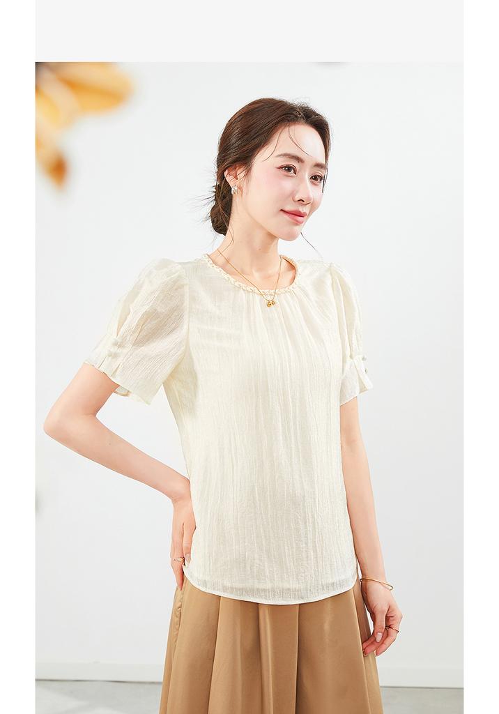 Elegant and Slim Round Neck Beaded Short Sleeved Shirt, Mini Top