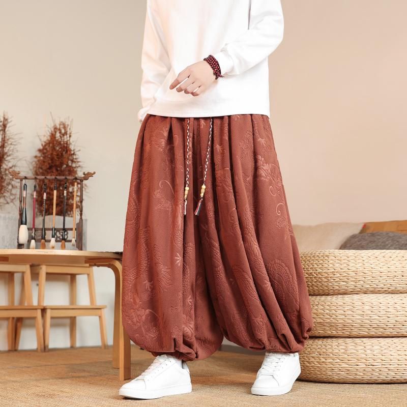 Men's Chinese Style Jacquard Lantern Pants Casual Loose Wide Leg Bloomers With Tassel Drawstring For Daily Wear