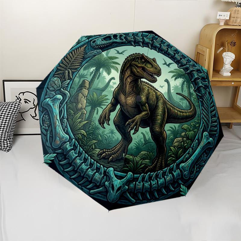 Prähistorisches Dinosaurier-Dschungel-Muster Regenschirm, tragbares und faltbares Design, 8 Speichen, ein lässiges Accessoire für Halloween, Weihnachten und Geburtstagsgeschenke.