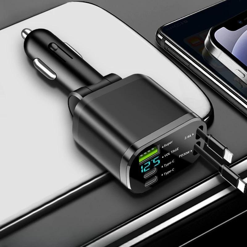 NEW 5-IN-1 150W Retractable Car Charger Mobile Phone USB PD Type C Cable For iPhone Fast Charge Cord Cigarette Lighter Adapter Car Accessories