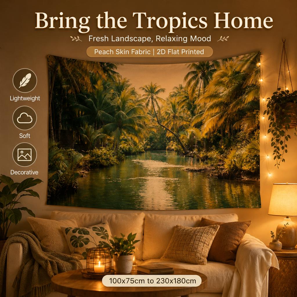 Tropical Jungle River Tapestry 2D Flat Printed Peach Skin Wall Hanging Palm Tree Nature Landscape for Living Room Bedroom Decor