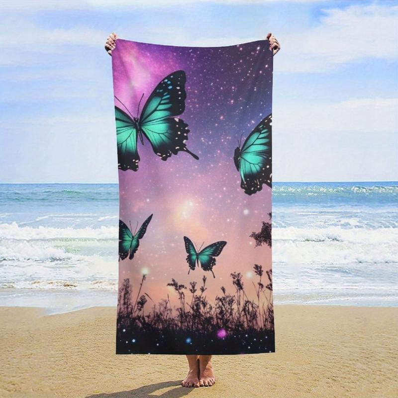 

Galaxy Print with Green Butterflies & Stars Beach Towel - Super Absorbent Quick-Dry Microfiber, Lightweight Large Bath Towel fo W30*H60(CM)