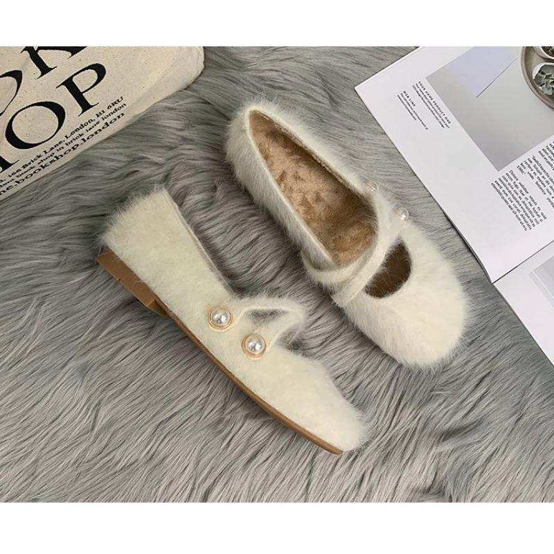New Style Elegant Buckle Strap Fur Mary Jane Shoes Woman Cosy Soft Fluffy Ballet Flat Ladies Plush Shallow Loafers Concise Dress