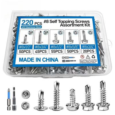 220PCS Stainless Steel Self-tapping Screw Set 410 Stainless Steel Self-tapping Self-drilling Dovetail Nail Hexagonal Head Drill Tail Wire