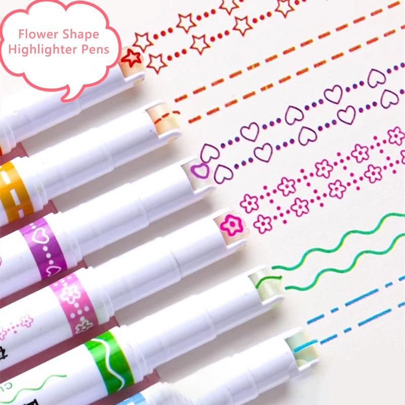 6 Pc/Set Flower Shape Outline Wavy Line Highlighter Pens Dual-Side Writing Markers Pens For Kids Students Journal Doodling