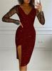 Women's V Neck Mesh Long Sleeve Glitter Bodycon Midi Dress Sexy High Slit Evening Party Cocktail Dresses