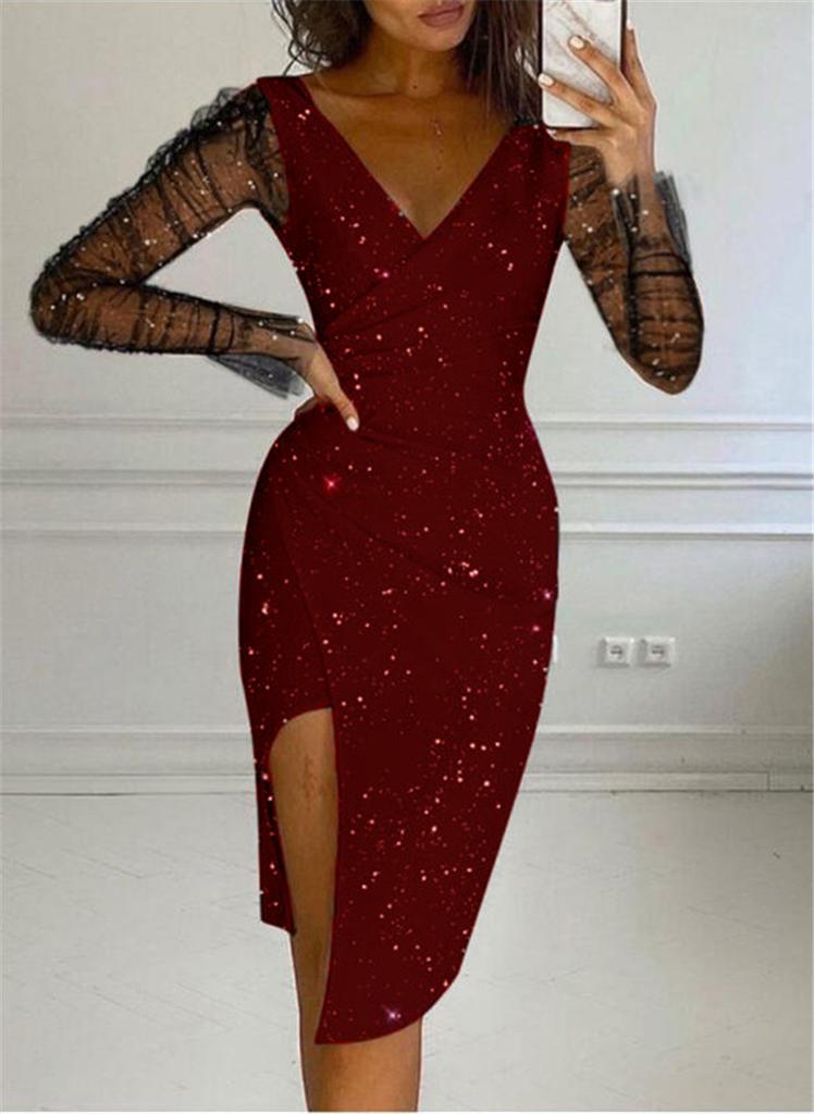 Women's V Neck Mesh Long Sleeve Glitter Bodycon Midi Dress Sexy High Slit Evening Party Cocktail Dresses