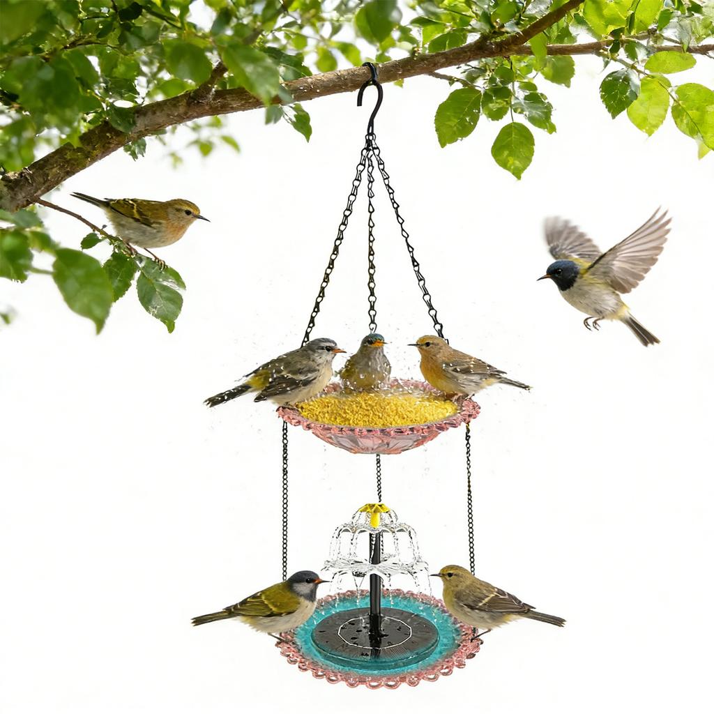 Double Layer Hanging Solar Bird Bath Fountain Wildlife Feeder Solar Cascade Hanging Bird Bath Fountain for Outdoor Garden Decor