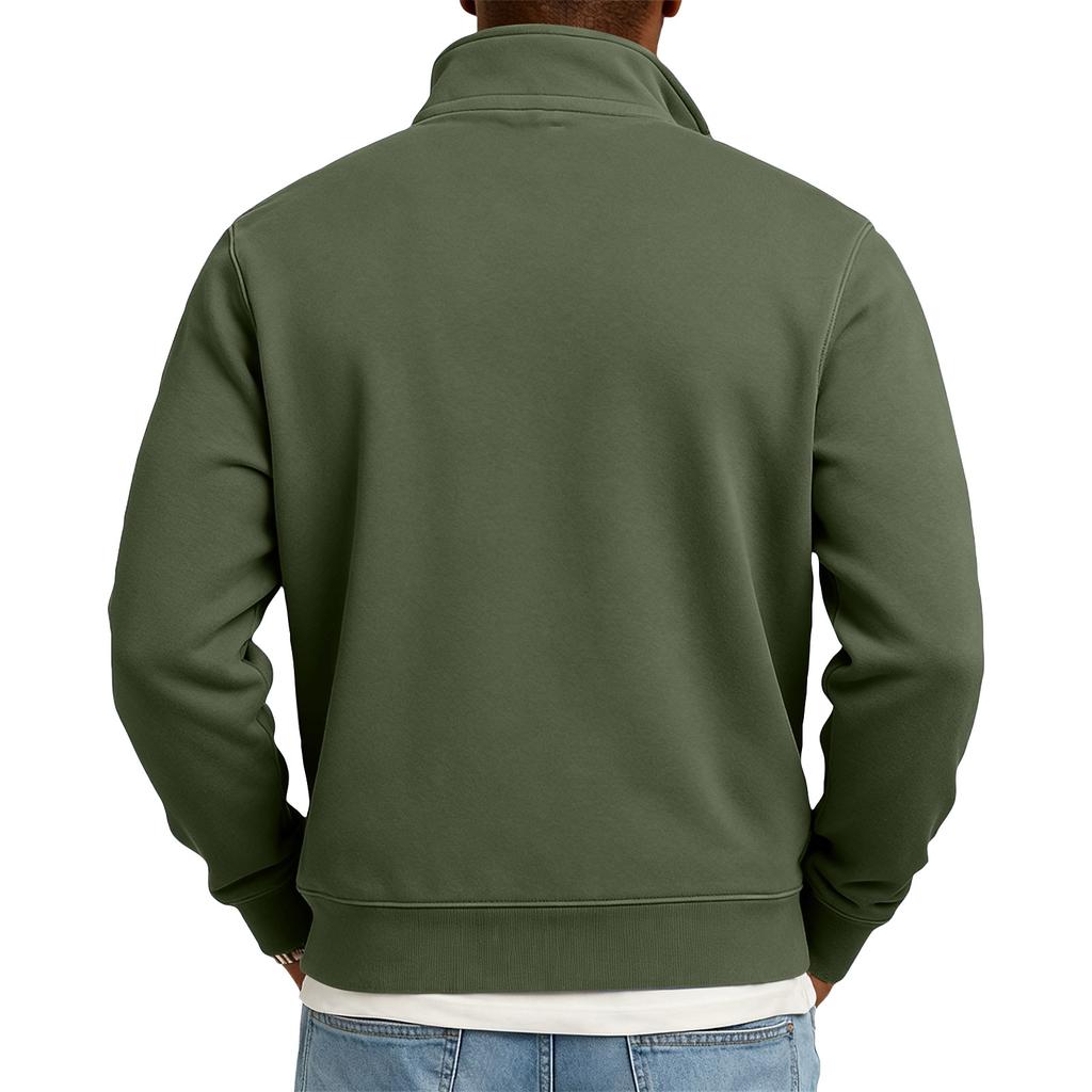 Men's Casual Stand-Up Collar Long-Sleeve Top Solid Color Button-Down Sweatshirt