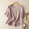 Cotton Linen Blouse Summer Retro Casual Embroidery Shirt Women's Top Short Sleeve Round Neck Blouses
