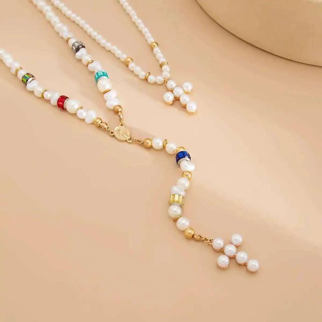 Salircon Elegant Imitation Pearl Long Tassels Pendant Necklace Women Fashion Cross Necklace Y2K Neck Jewelry Accessories Gift