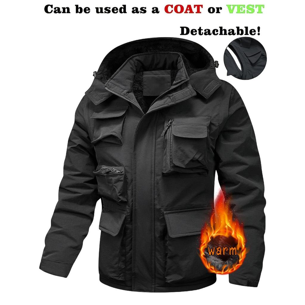 Herren Einfarbig Abnehmbar Outdoor Arbeitskleidung Lässig Locker Reißverschlusstasche Plüsch Langarmjacke