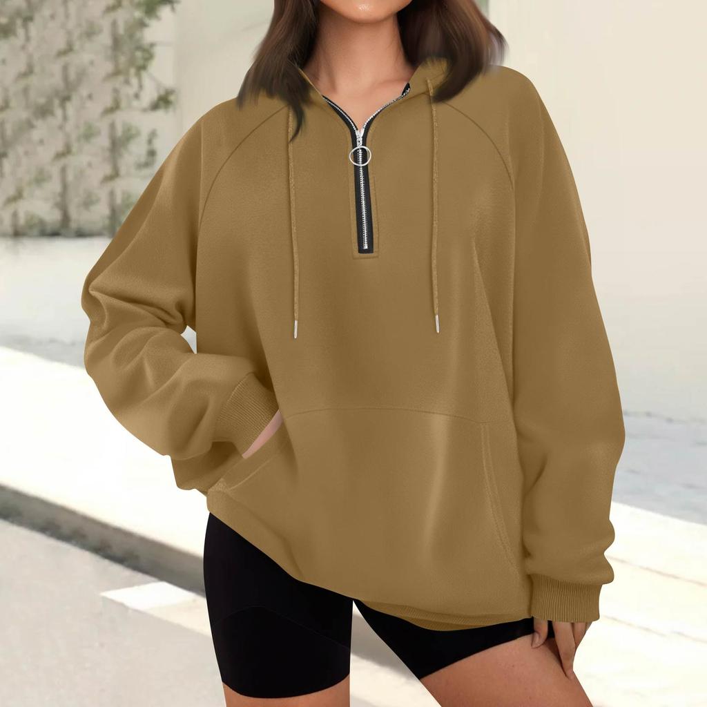 Women's Casual Fashion Long Sleeve Solid Color Zip Hooded Sweatshirt Top With Pocket