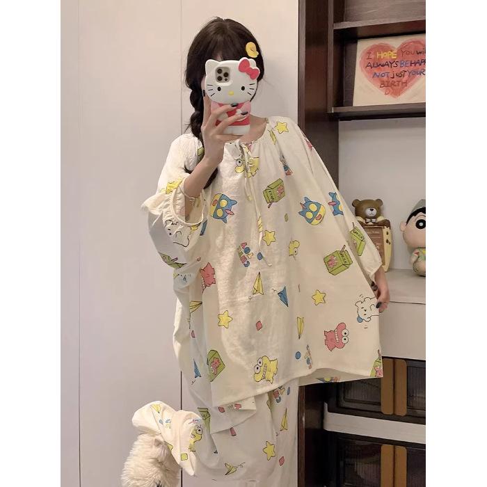Women's Sweet Pure Cotton Pajama Set - Round Neck, Long Sleeve, Long Pants, Comfortable Home Wear for Spring & Autumn