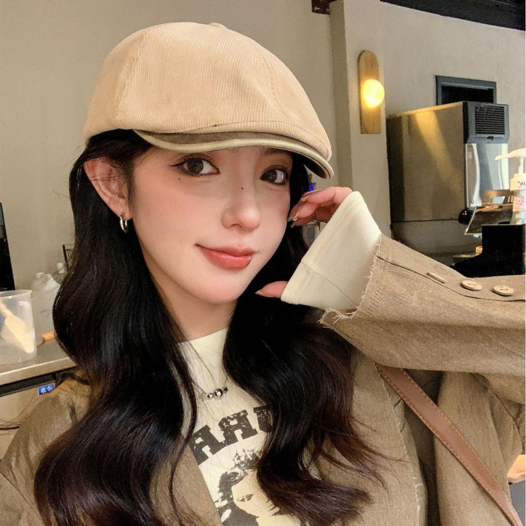 Hong Kong Style Street Retro Classic Solid Color Forward Hat Men and Women Autumn and Winter Corduroy Beret Versatile Show Small Face