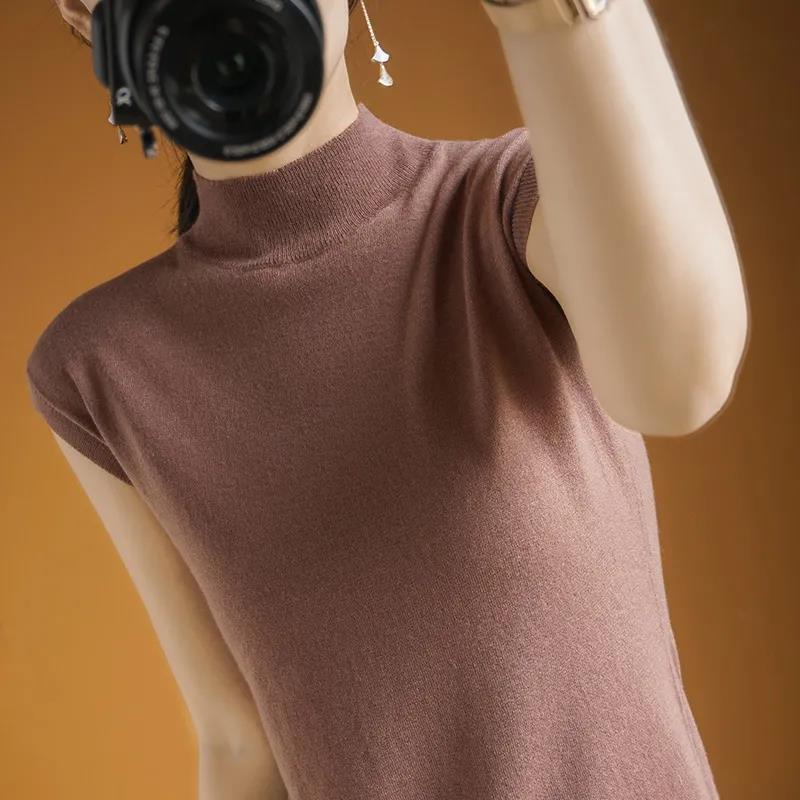 Thin Camisole Vest Women's Summer Half High Neck Short Sleeved T-shirt Women's Knitted Loose Temperament Sleeveless Top Women's Base Shirt