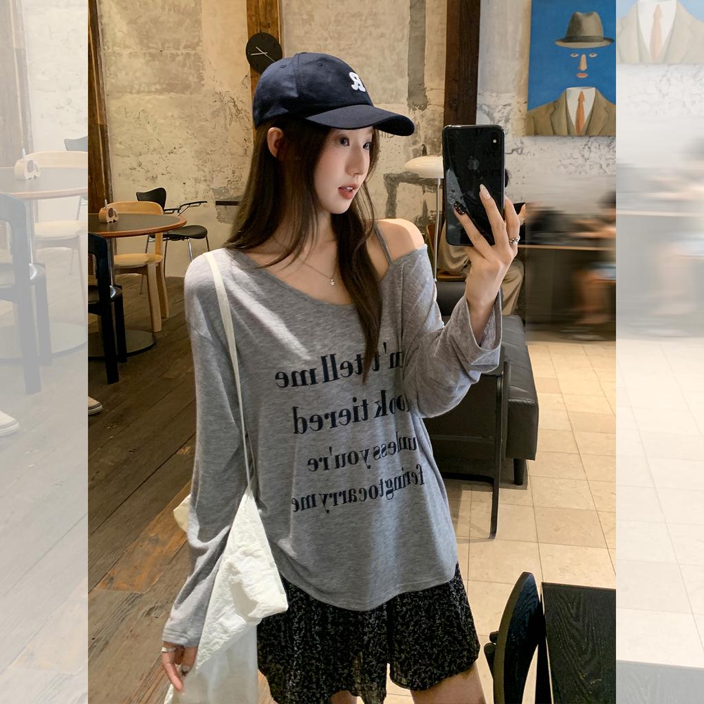 Korean gray single shoulder suspender letter print V-neck long-sleeved T-shirt women's autumn thin micro-transparent unique loose top
