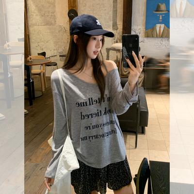 Korean Gray Single Shoulder Suspender Letter Print V-neck Long-sleeved T-shirt Women's Autumn Thin Micro-transparent Unique Loose Top