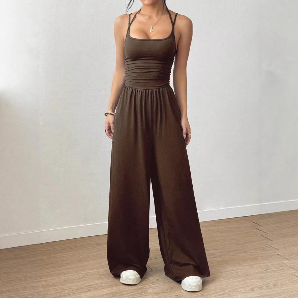 Solid Color Halter Sleeveless High Waist Wide Leg Casual Jumpsuit
