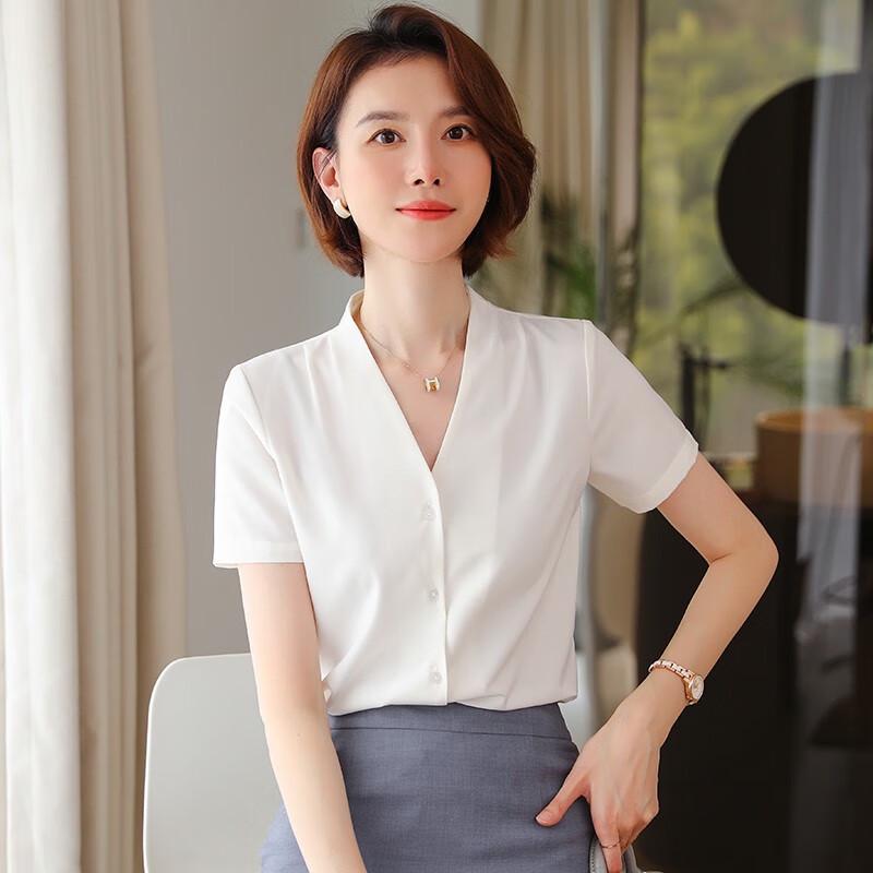 

Женская профессиональная рубашка с V-образным вырезом, приталенная, с коротким рукавом M