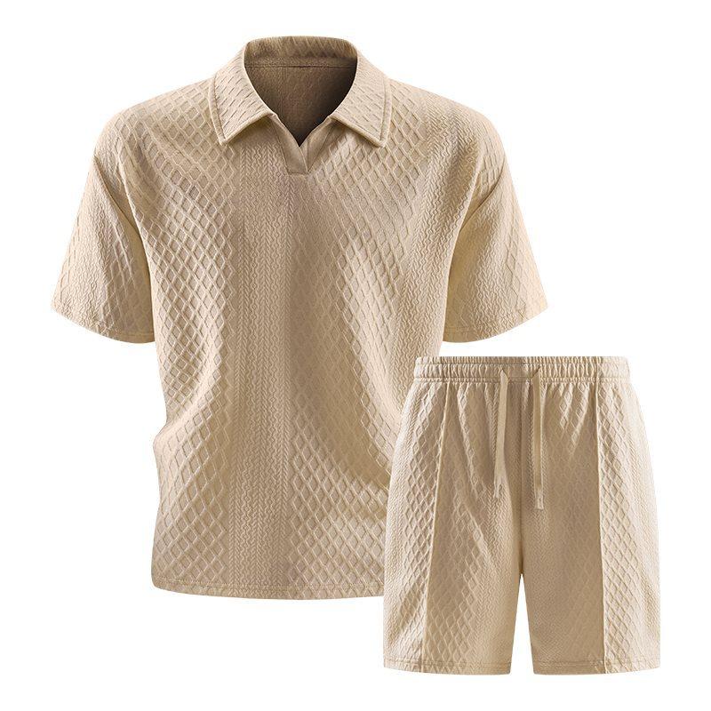 

Casual Sports Style Short Two Piece Set Men s Fashion Solid Color Jacquard Short Sleeves Pullover POLO Shirt Shorts 2 Piece Sets 2XL