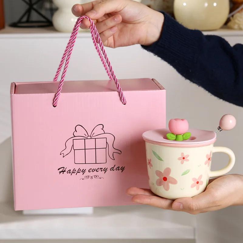 

Ceramic Cup Creative Coffee Mug with Tulip Flower Design for Women Aesthetic Ins Breakfast Cup Breakfast Mug Drinkware Kitchen 301-400ml