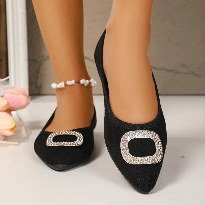 2025 Plus Size Women's Flats French Style Pointed Toe Black Diamond Decor Autumn Elegent Flat Sole Comfortable Work Shoes Ladies