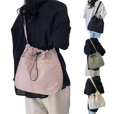 Lightweight Canvas Shoulder Bag for Women Mens Large Capacity Solid Color Drawstrings Crossbody Bag for Casual Travel