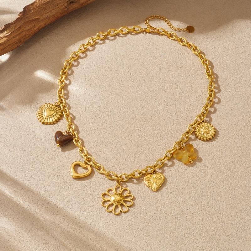 

Gold Multi Charm Necklace For Women Stainless Steel Heart Flower Butterfly Pendant Fashion Jewelry золотой