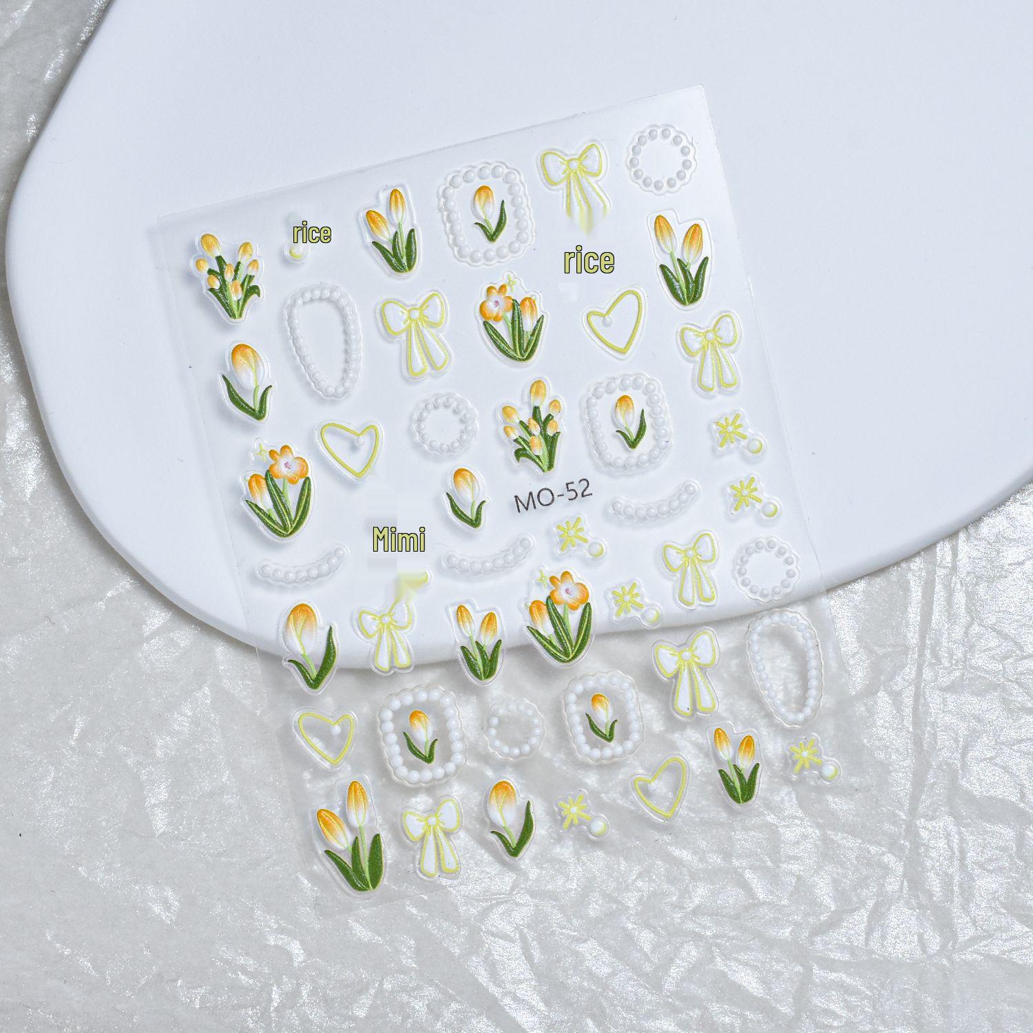 Embossed Tulip & Rabbit Nail Stickers with Hand-Painted Flowers