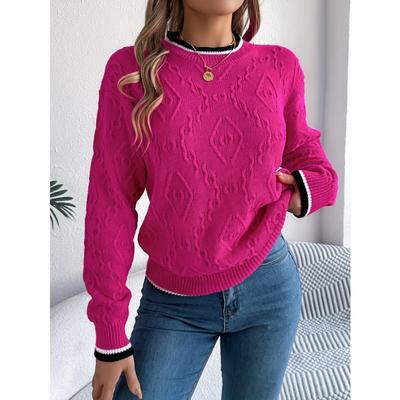Women's Casual Vacation-Ready Striped  Sweater - Soft Round Neck Long Sleeve Pullover with Black & White Accents, Medium Stretch