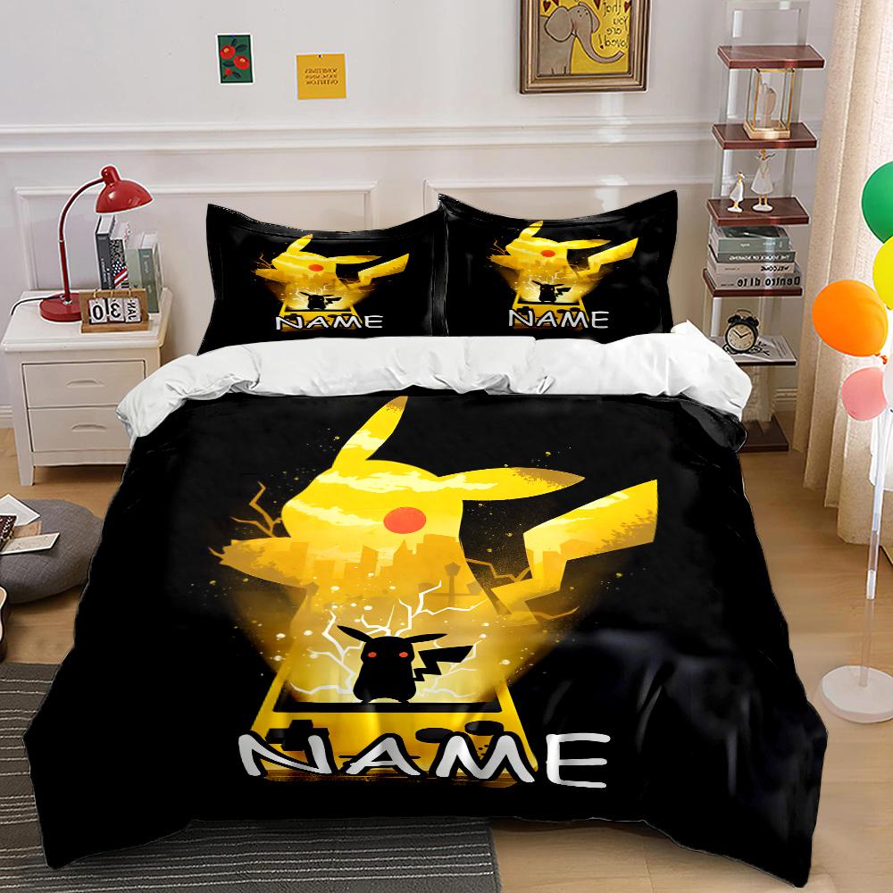 Custom Name Pokemon Pikachu Printed Bedding Set 1 Duvet Cover, 2 Pillowcases Boys Girls Children Luxury Gifts Multiple Sizes (as the picture,EU Twin 135X200cm)