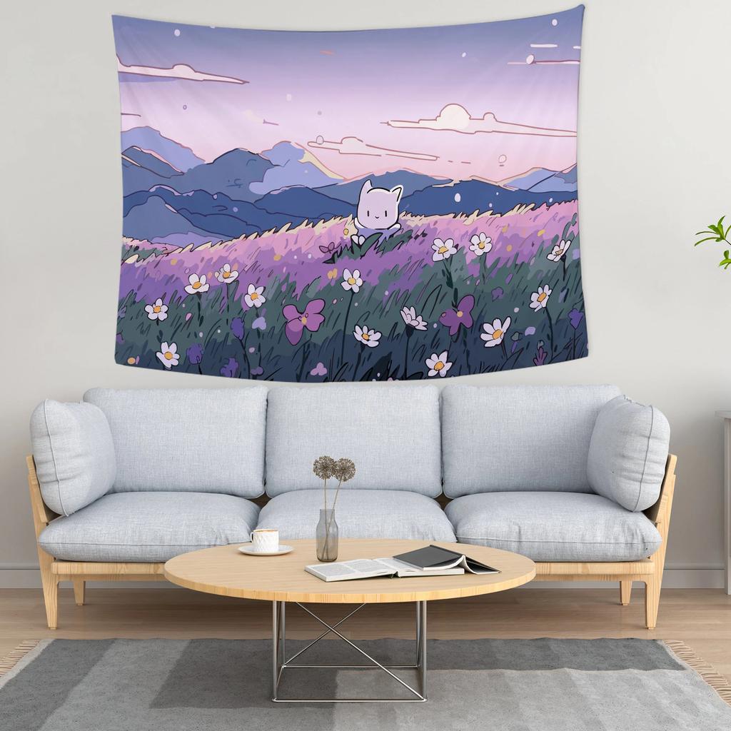 Kawaii Cartoon Wall Tapestry Mountain Cloud Tapestry Cute Flower Wall Hanging Aesthetic Bedroom Decor Christmas Birthday Gift
