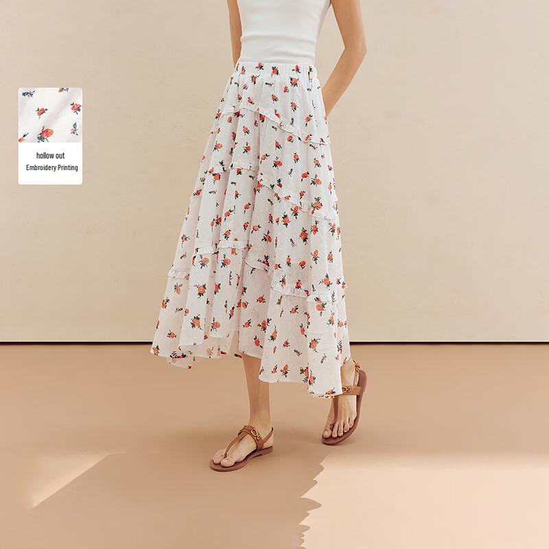 INMAN Floral Embroidered Ruffle A-Line Skirt L