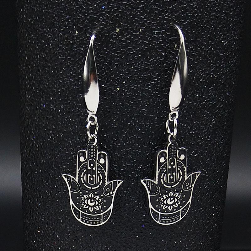 Hamsa Hand Stainless Steel Dangle Earrings Women Black Enamel Earrings Jewelry joyas de acero inoxidable para mujer E2037S02