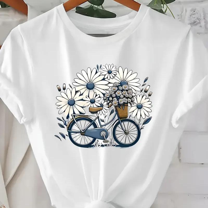 Women Summer T Shirt Retro Fashion Short Sleeve Tees Casual Flower Printed  Tops