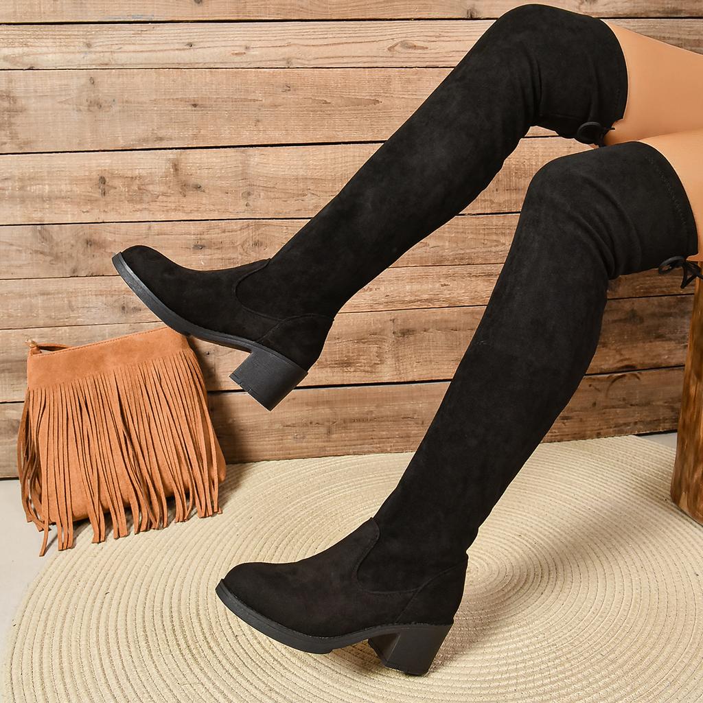 Fashion 2024Women Boots Winter Black Over The Knee Boots Comfort Lace Up High Heels Shoes Fashion Warm Round Toe Pleated Long Tube Boots