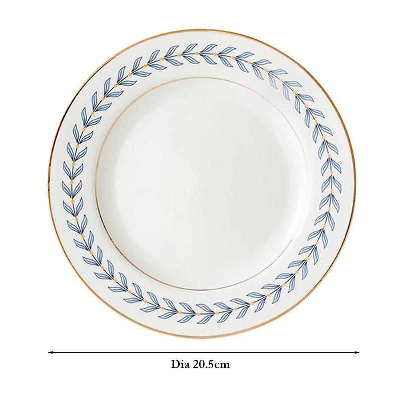 8 Inch Ceramic Plate Round Dinner Plate Cake Dessert Food Plate Gold Rim Leaf Pattern Serving Dishes Porcelain Kitchen Tableware