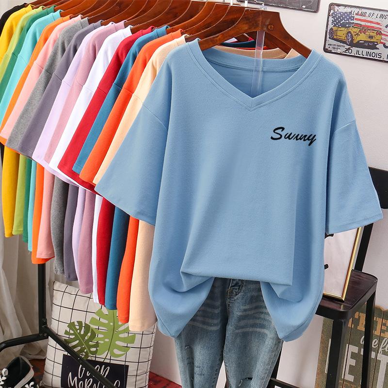 Short-sleeved T-shirt for Women Large Size Loose and Slimming Design Niche Pure Cotton V-neck Top That Covers The Belly