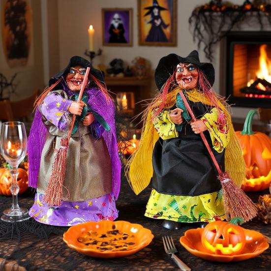 Halloween Witch Ornaments Spooky Witches Figures with Broomsticks Desktop Statue for Haunted House Party Decor