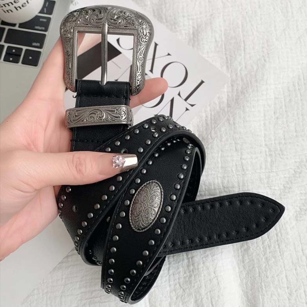 American Style Black Rivet Belt Wide Coffee Y2K Belt Versatile PU Vintage Waistband  Women
