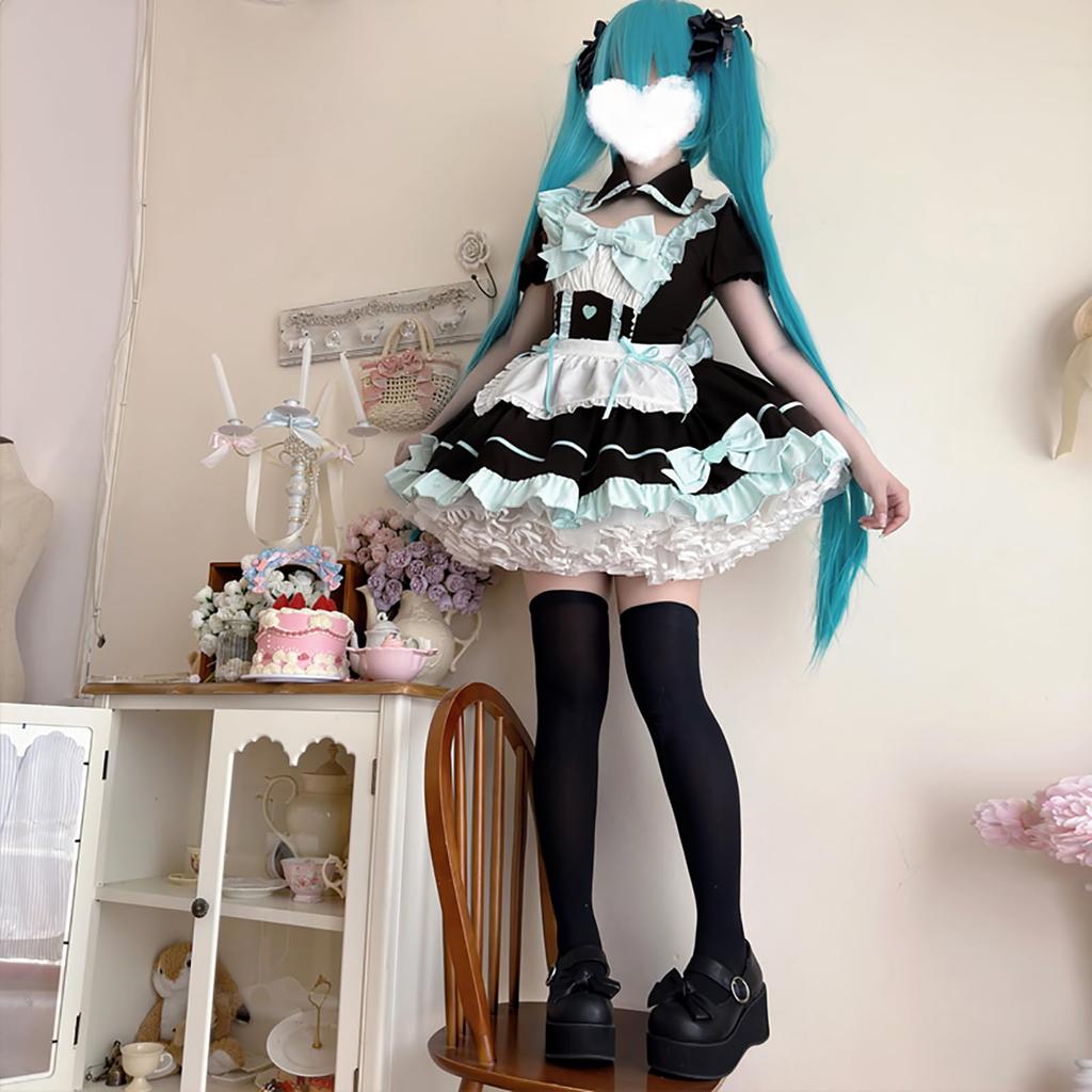 XHSUKADO 3-Piece Maid Outfit Set, Lolita Dress with Ribbon, Lace-Up, Dreamy, Cute Gothic Lolita Dress, Ruffles, Mori Girl, Princess Style, Idol Costum