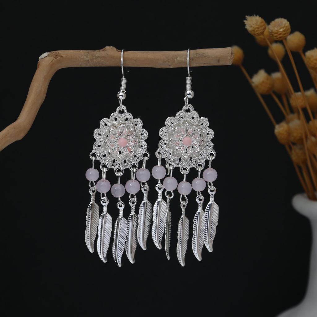 Personalized Bohemian Miao Silver Geometric Tassel Earrings