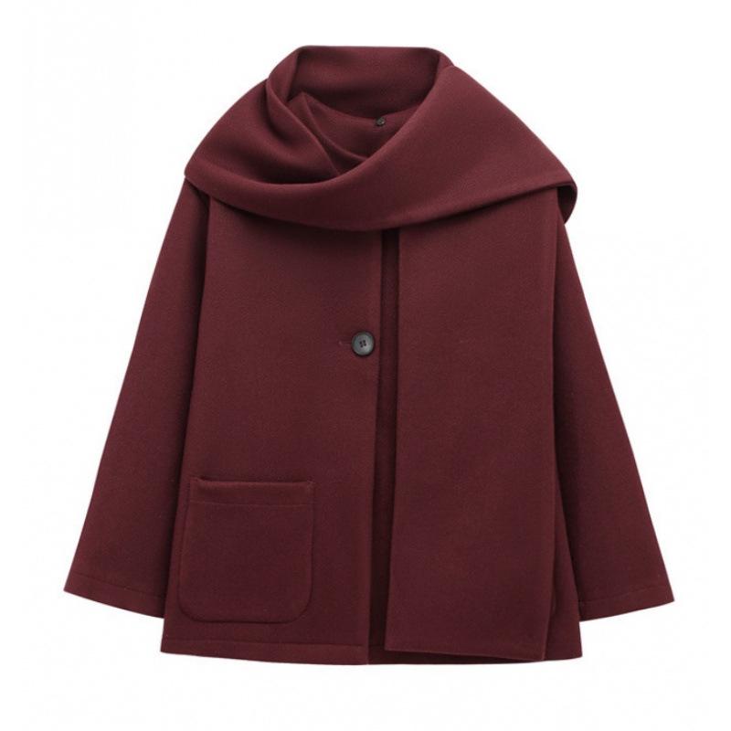 

European Fashion Round Neck Solid Color Short Jacket with Scarf Medium вино красного