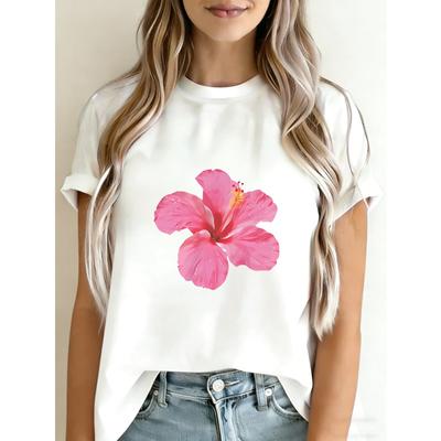 Weißes T-Shirt mit rosa Hibiskusblüten-Print für lässige Sommerkleidung