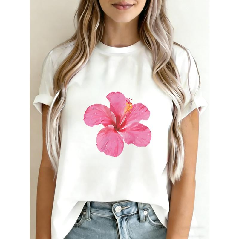 

White T Shirt With Pink Hibiscus Flower Print For Casual Summer Wear XXXXL білий