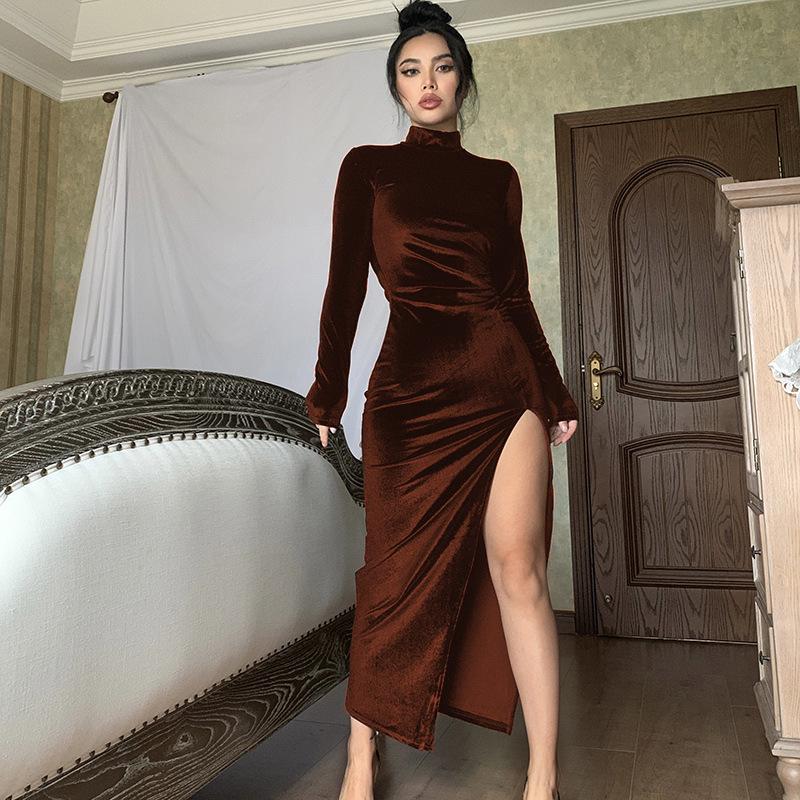 European & American Style Women's High-Neck Velvet Long Dress - Slim Fit, Pleated, Slit Design for Autumn/Winter 2022